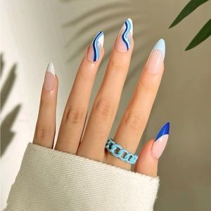 24pcs Long Almond  Blue Striped Press On Nails
